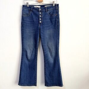 Pilcro & Letterpress Anthropologie High Rise Flare Jeans 30 Crop Button Fly Blue